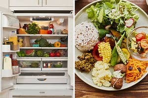The left image shows a refrigerator full of food and the right image shows a plate full of healthy food