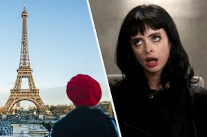 a person wearing a red beret and looking at the eiffel tower and krysten ritter looking annoyed