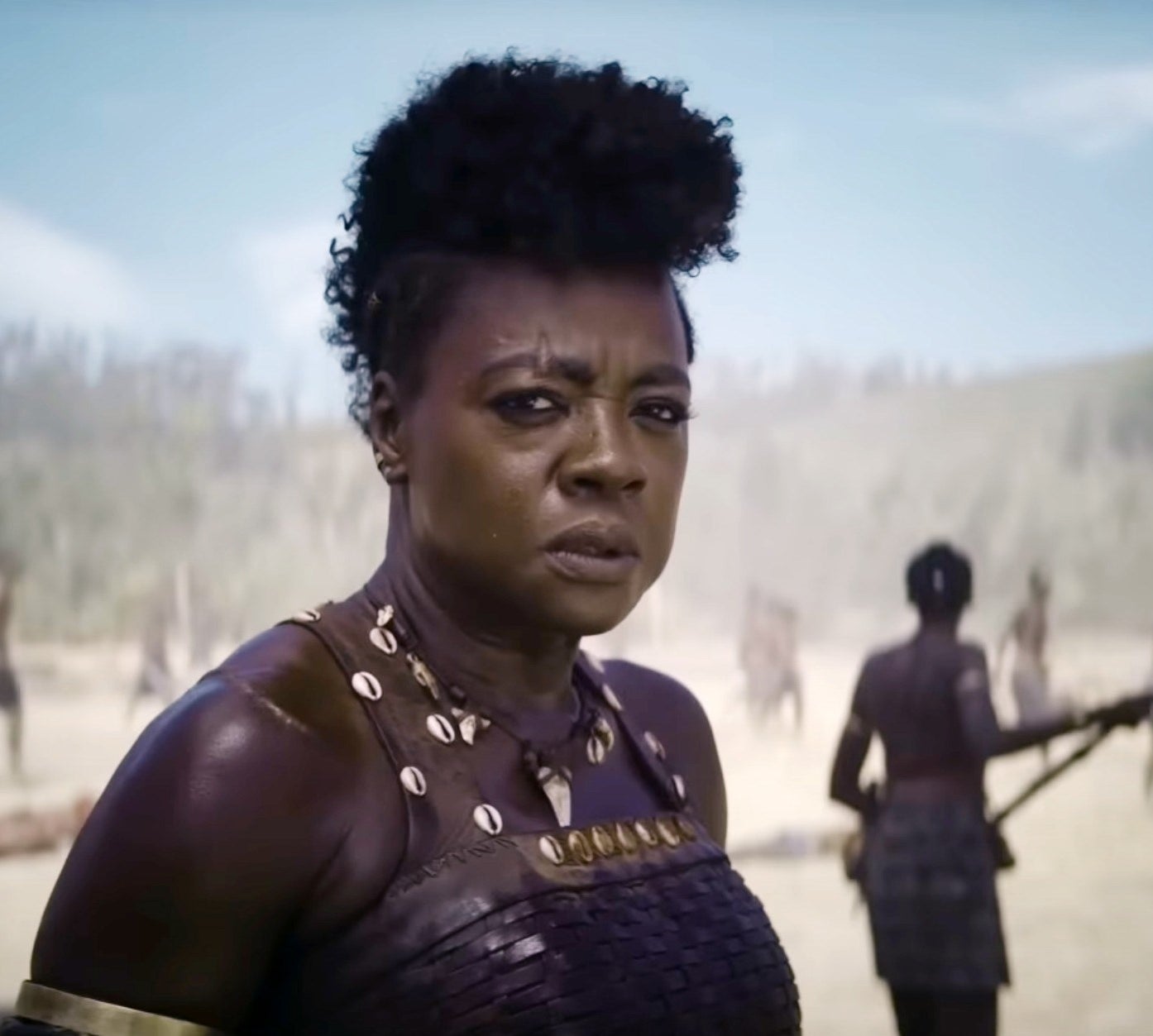 A closeup of Viola Davis on the battlefield in The Woman King