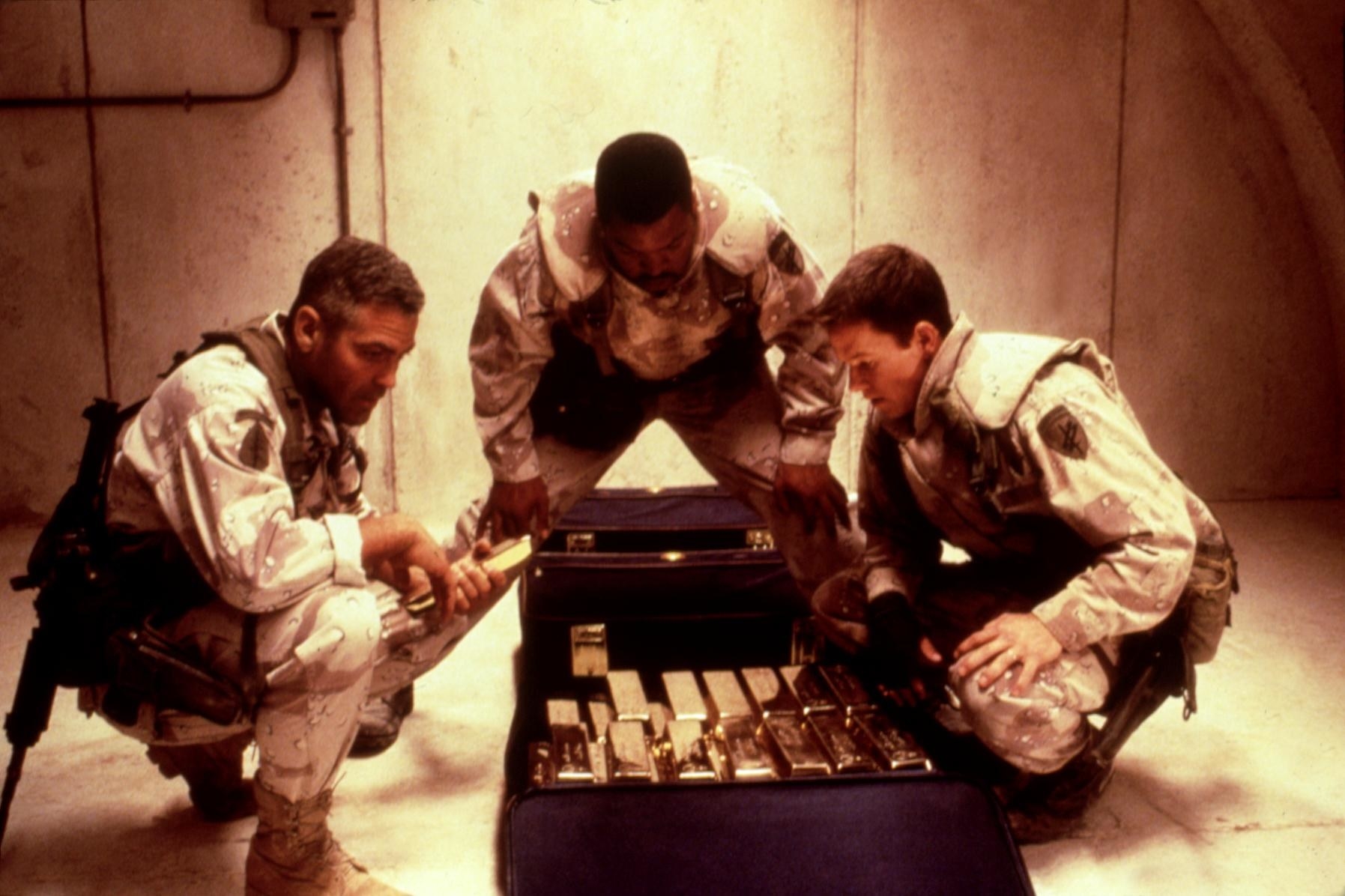 three characters surround a crate of gold