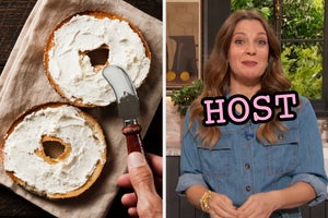 On the left, someone spreading cream cheese on a bagel, and on the right, Drew Barrymore labeled host