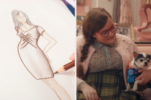 On the left, someone sketching a dress, and on the right, Aidy Bryant cuddling with a Chihuahua on the couch in an SNL sketch