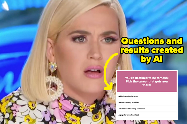 Katy Perry looking confused, a same question from the quiz, and the text "questions and results created by AI"