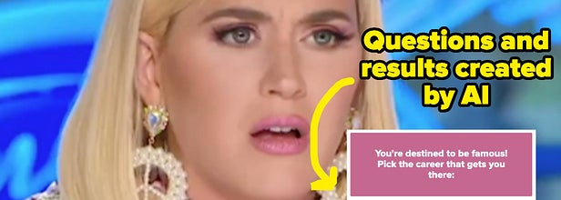 Katy Perry looking confused, a same question from the quiz, and the text "questions and results created by AI"
