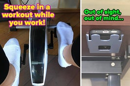 L: a reviewer using an under-desk bike peddle and text reading "Squeeze in a workout while you work!", R: a reviewer photo of a phone in a holder under a desk and text reading "Out of sight, out of mind..."
