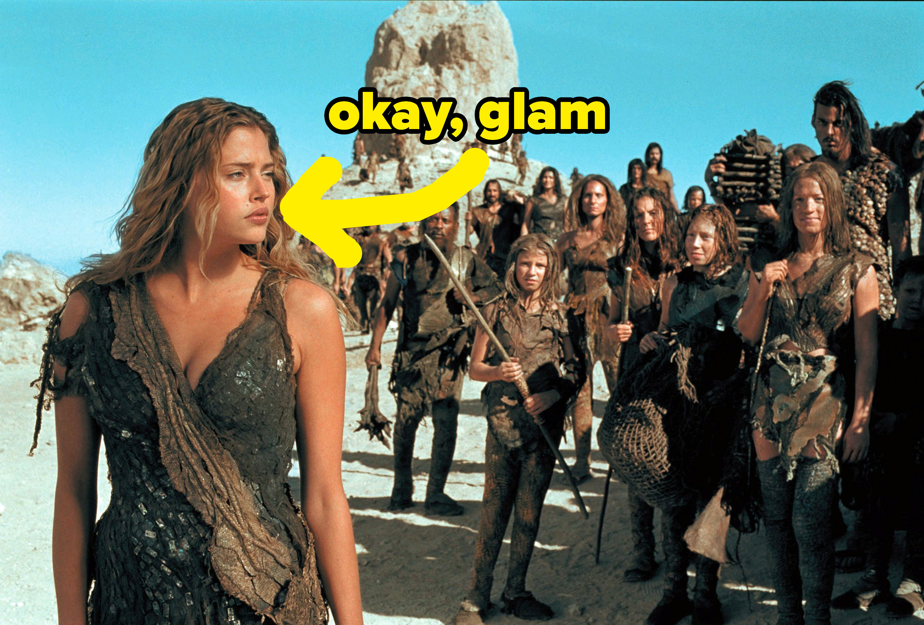 arrow pointing to her face with text that says, okay glam
