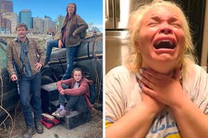 Left: Joe, Tess and Ellie from The Last Of Us TV show; Right: Trisha Paytas sobbing while holding her hands around her neck