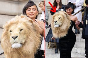 Kylie Jenner wearing a fake lion head