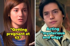 amy from secret life of the american teenager captioned "Getting pregnant at 17" and jughead from riverdale captioned "Acting ~mysterious and edgy~"