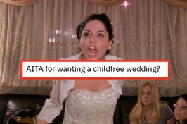 a bride screaming with the text "am i the asshole for wanting a child free wedding"