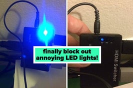 blue light shining from a device before, "finally block out annoying LED lights!" after with light-blocking sticker