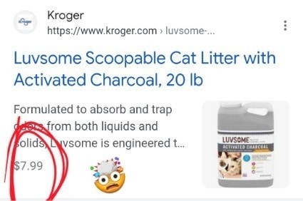 a listing for $7.99 activated charcoal cat litter by luvsome