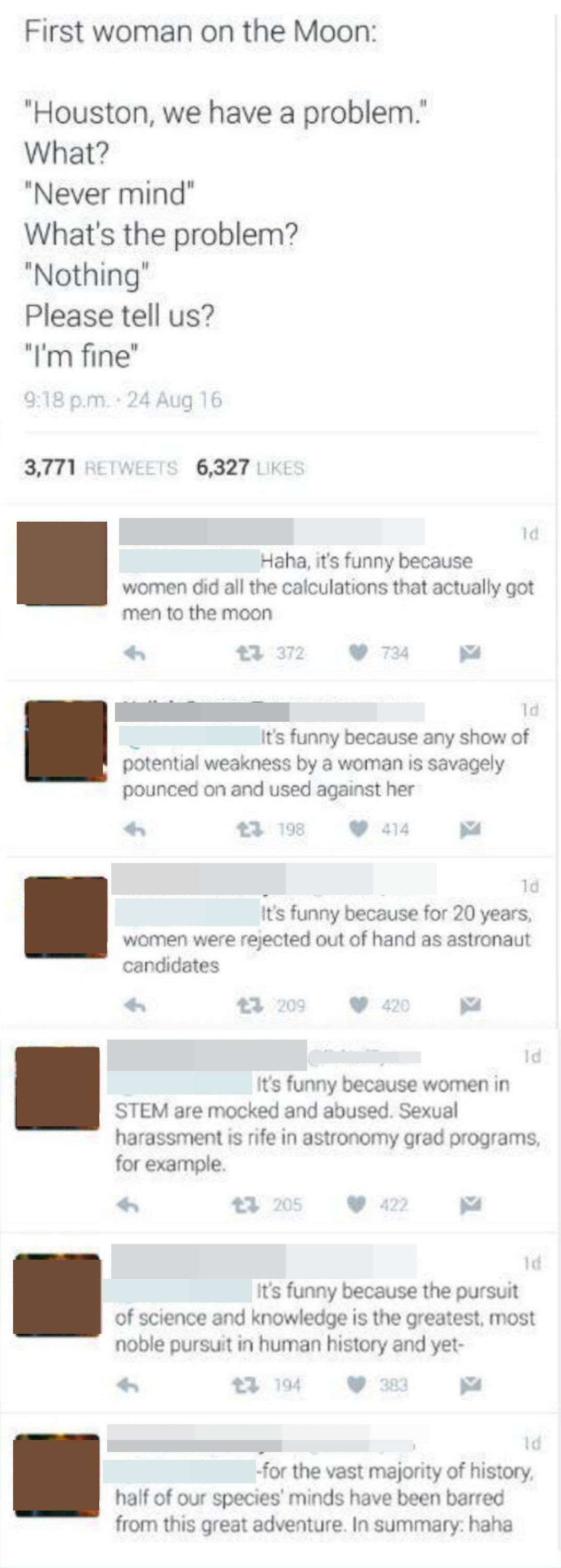 neil leaving several comments explaining that women have been left out of STEM and science opportunities and yet the OP had the balls to make a stupid joke