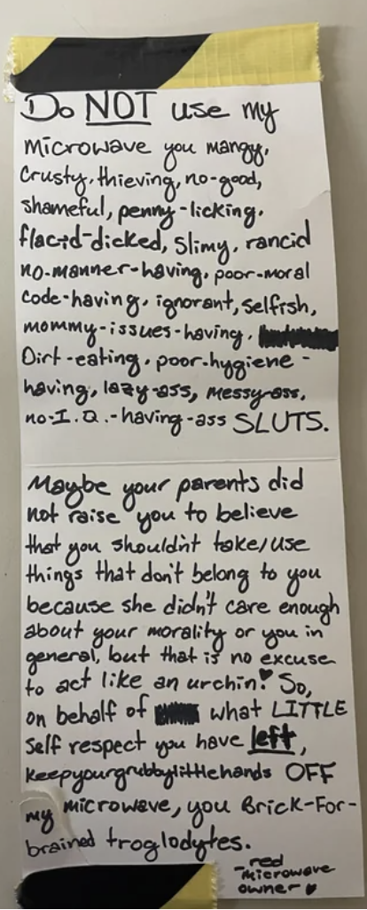 A note from someone who got angry that their microwave was used
