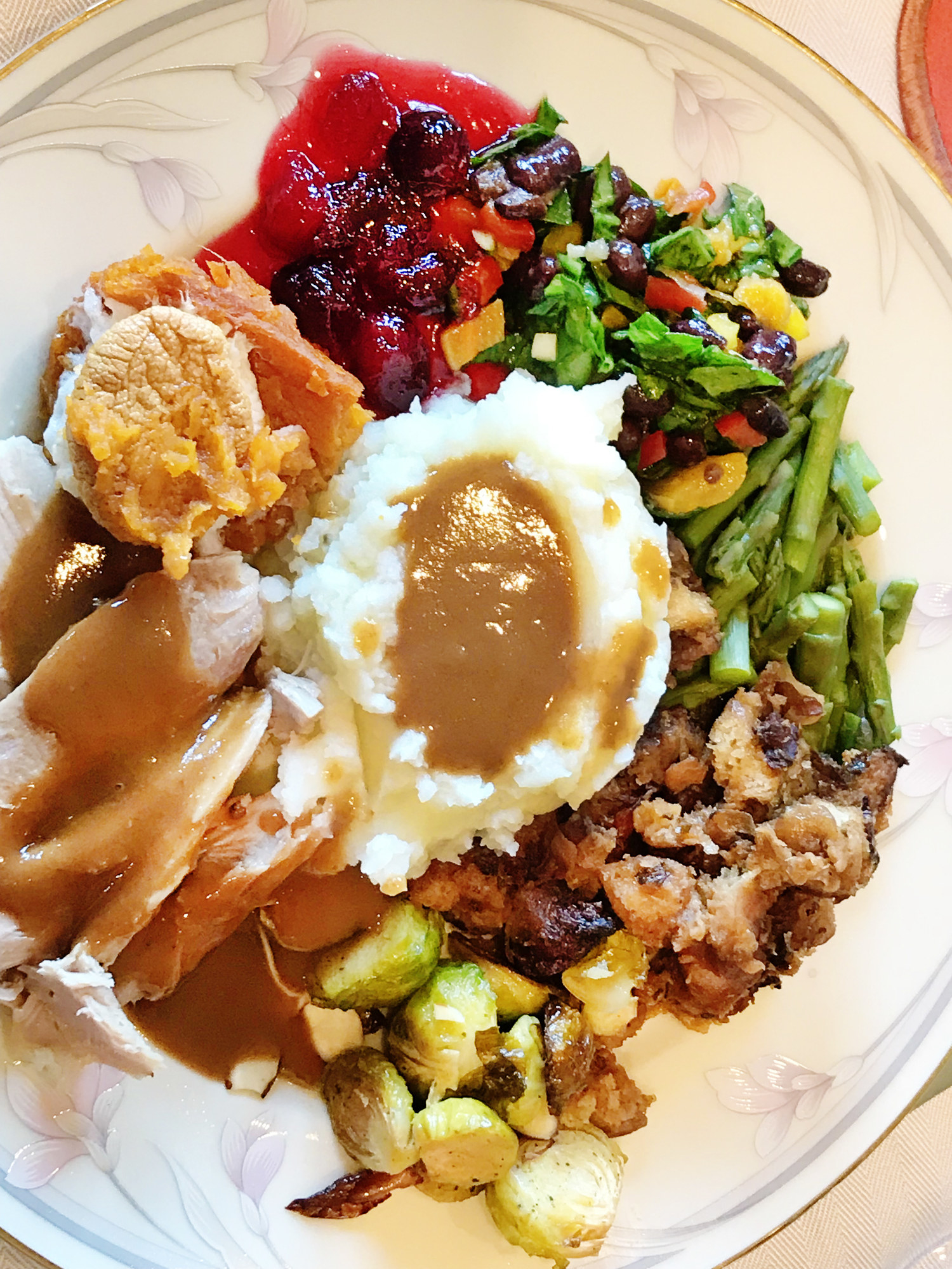 Close-up of a Thanksgiving plate with typical roast turkey and all accompaniments