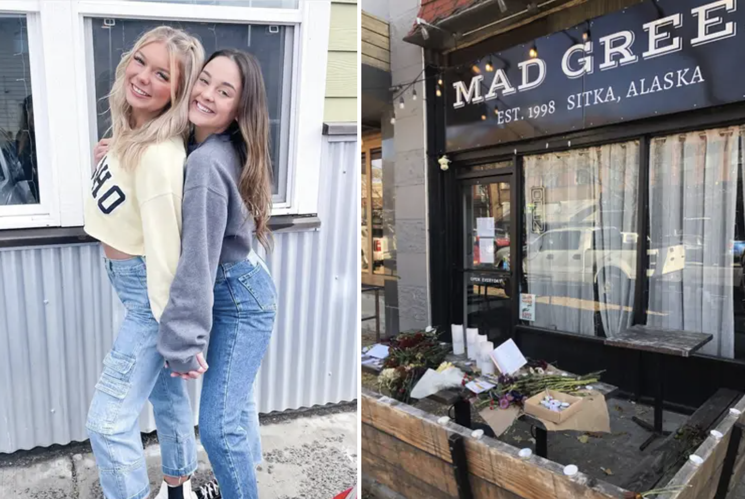 left: two college student girls smiling side-by-side right; the outside of Mad Greek&#x27;s pizza restaurant