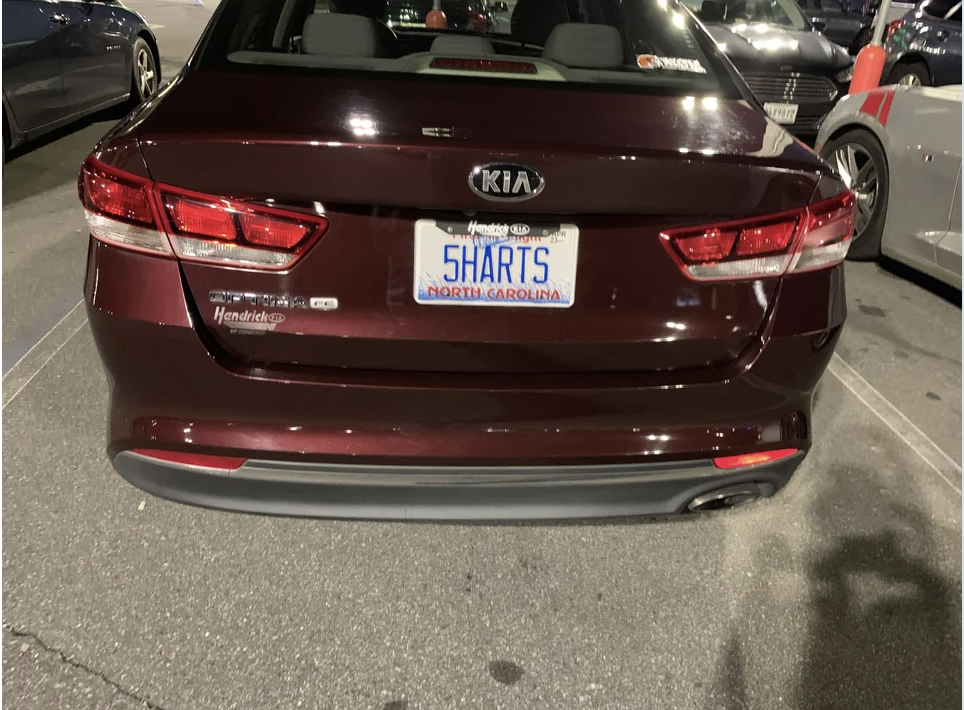 car with the license plate reading &quot;5HARTS&quot;