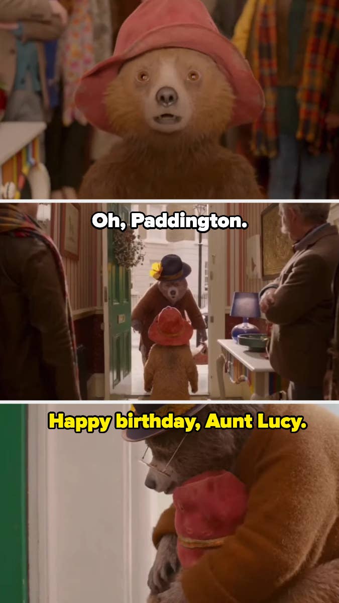 paddington hugging and saying happy birthday, aunt lucy