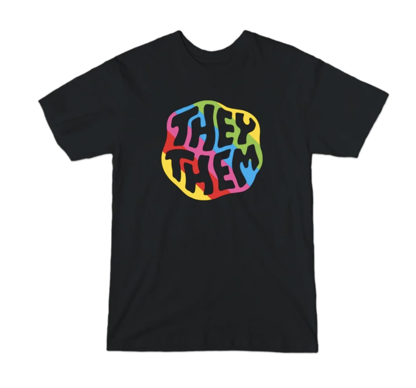 the black t-shirt with rainbow logo and squiggly text that says they/them