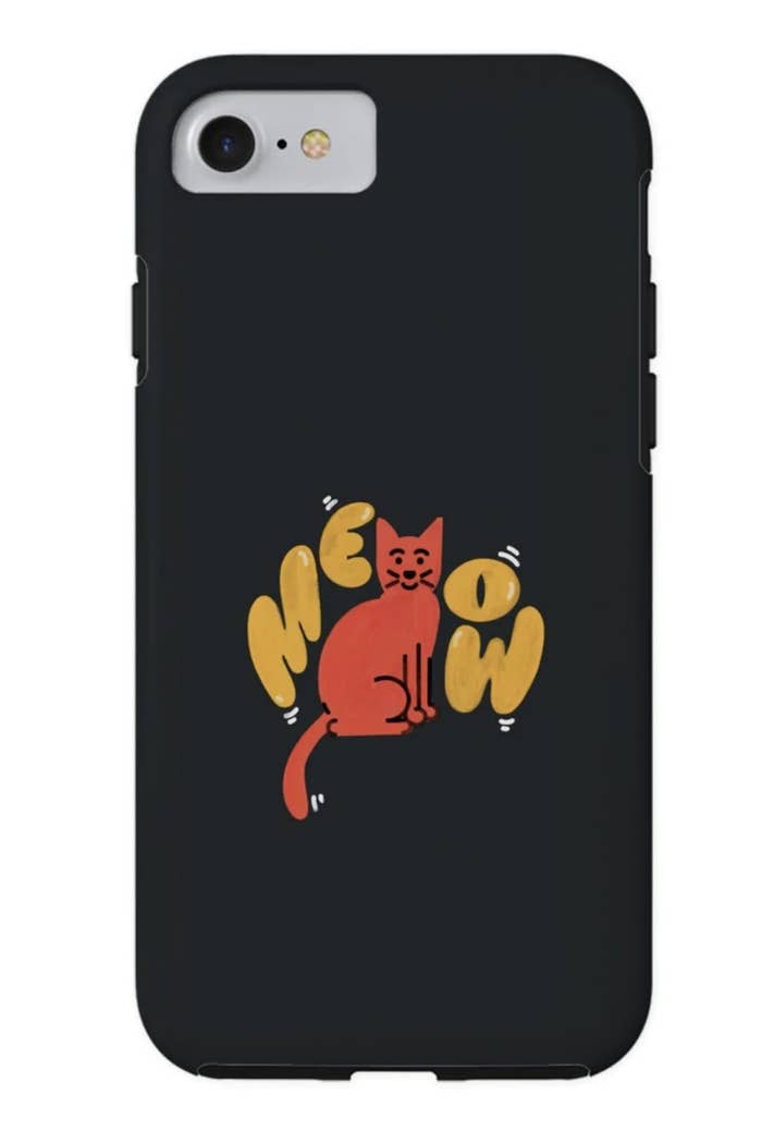 The phone case on iPhone with a cat that says meow
