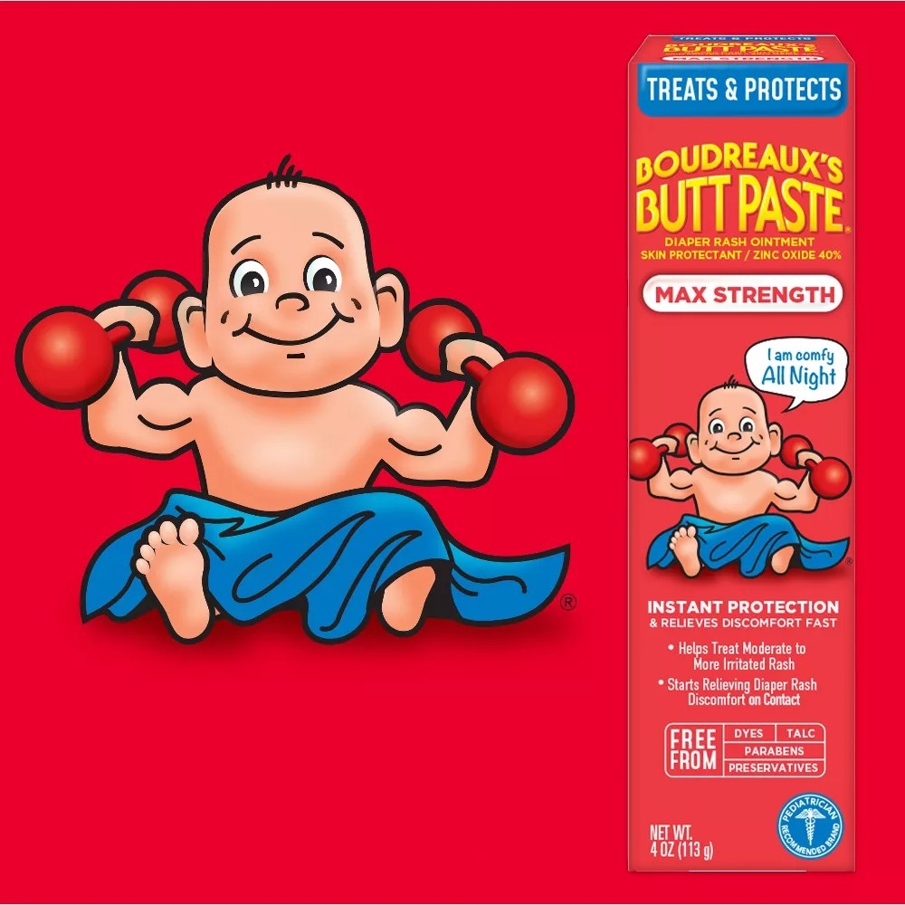Red packaging and baby logo for butt paste brand