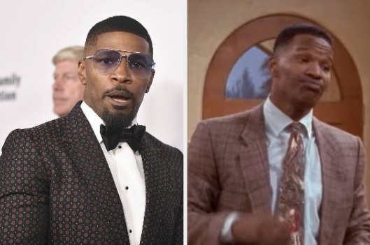 Jamie Foxx on the red carpet on the left; Jamie Foxx in &quot;Moesha&quot; on the right