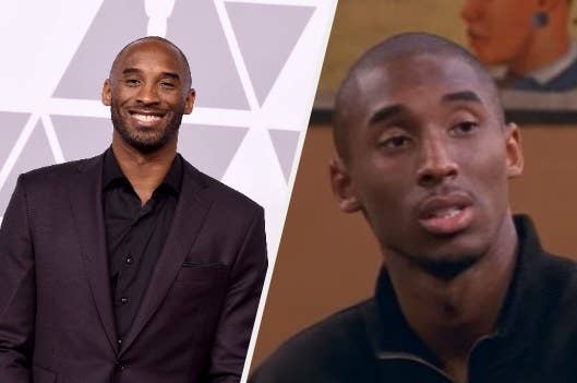 Kobe Bryant on the red carpet on left; Kobe Bryant starring in "Moesha" on right