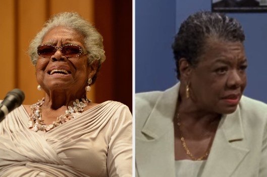 Maya Angelou giving a speech on the left; Maya Angelou acting in &quot;Moesha&quot; on the right