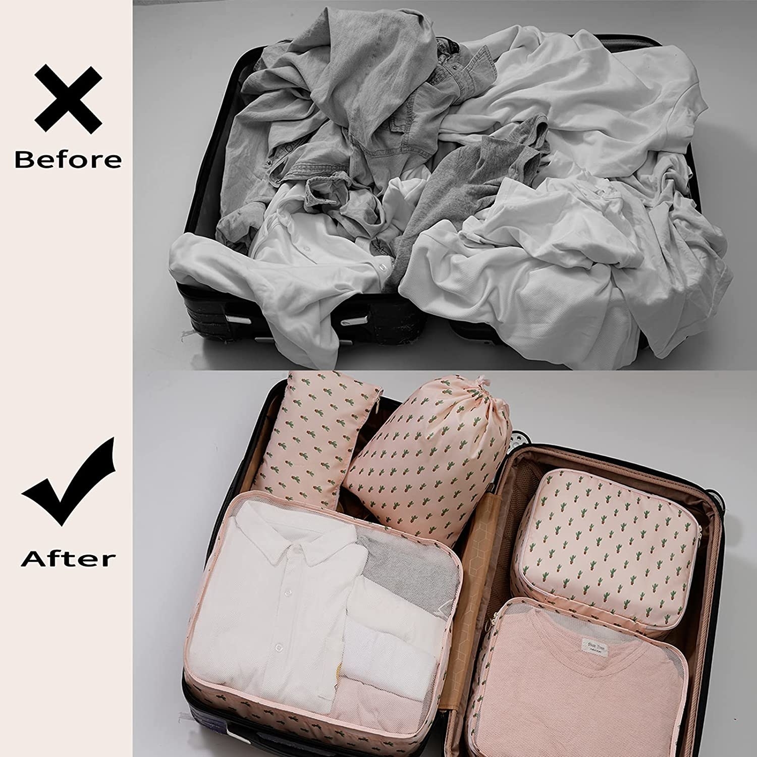 a before and after image of a luggage with and without the packing cubes