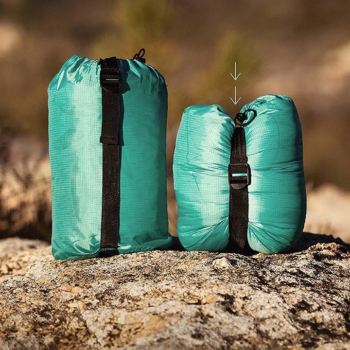 the pillow compressed in the travel sac