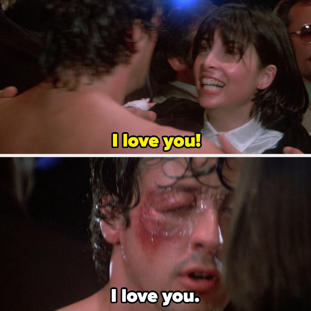 woman says i love you and rocky, all beaten up and eyes shut says, i love you