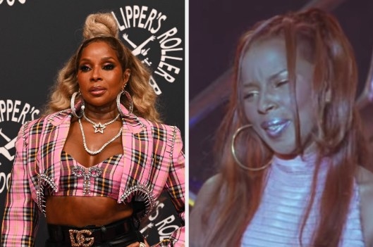 Mary J. Blige on the red carpet on the left; Mary J. Blige singing in &quot;Moesha&quot; on the right