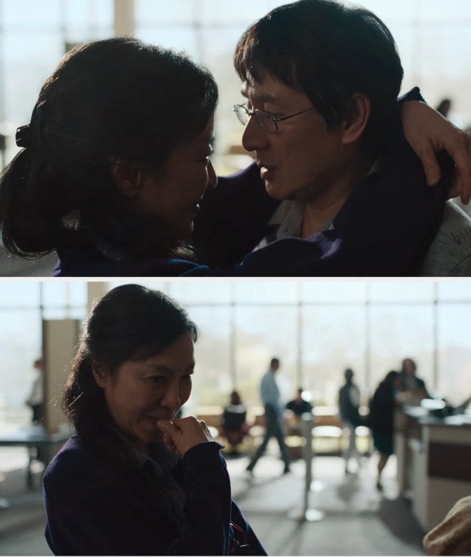 closeup of woman and man hugging then a shot of the woman in an office saying, evelyn did you hear me