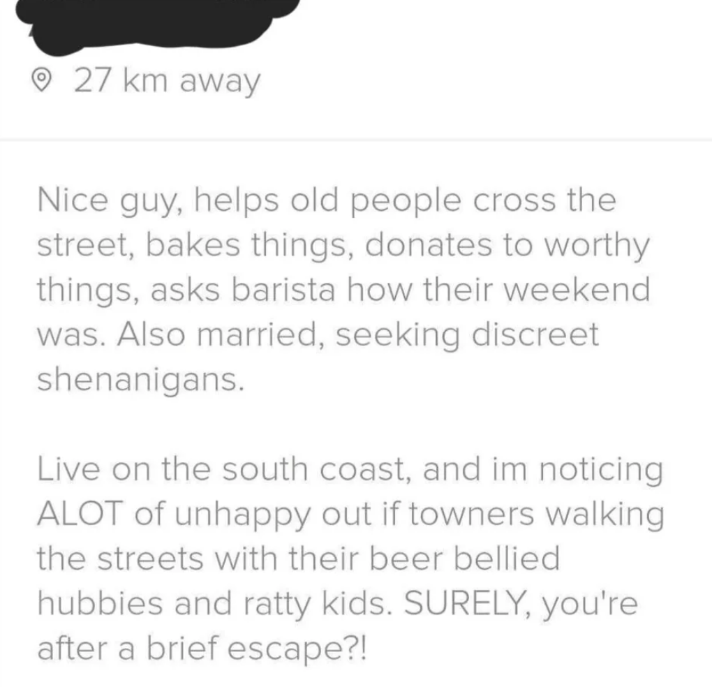 Profile of a guy who says he&#x27;s nice but that he&#x27;s &quot;married, seeking discreet shenanigans.&quot;