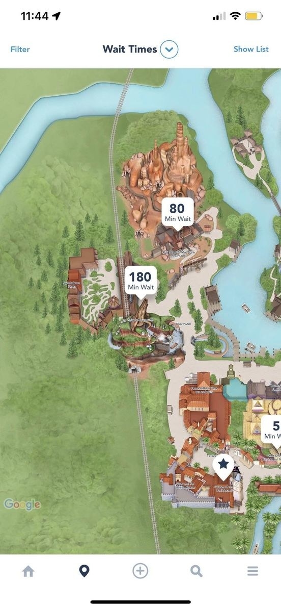 An illustrated map showing the wait times for various rides around the park