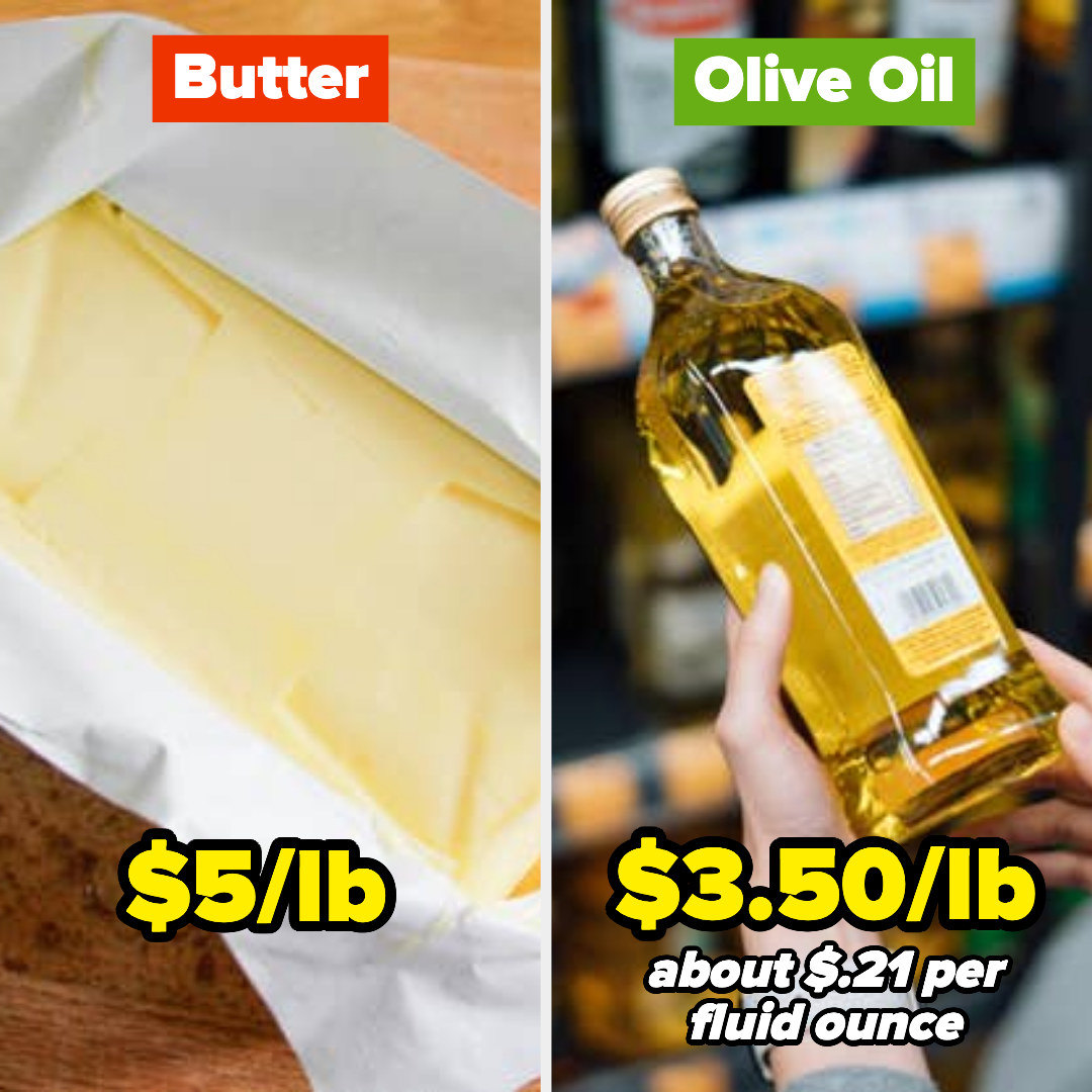 butter at 5 dollars a pound vs olive oil at 3 dollars and 50 cents per pound, or 21 cents per fluid ounce