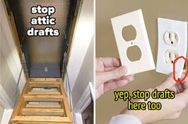 open attic access door with liner to prevent drafts, outlet socket liner to prevent drafts from outlet