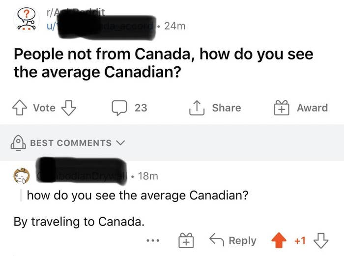 Person asks how do you see the average Canadian and someone says by traveling to Canada