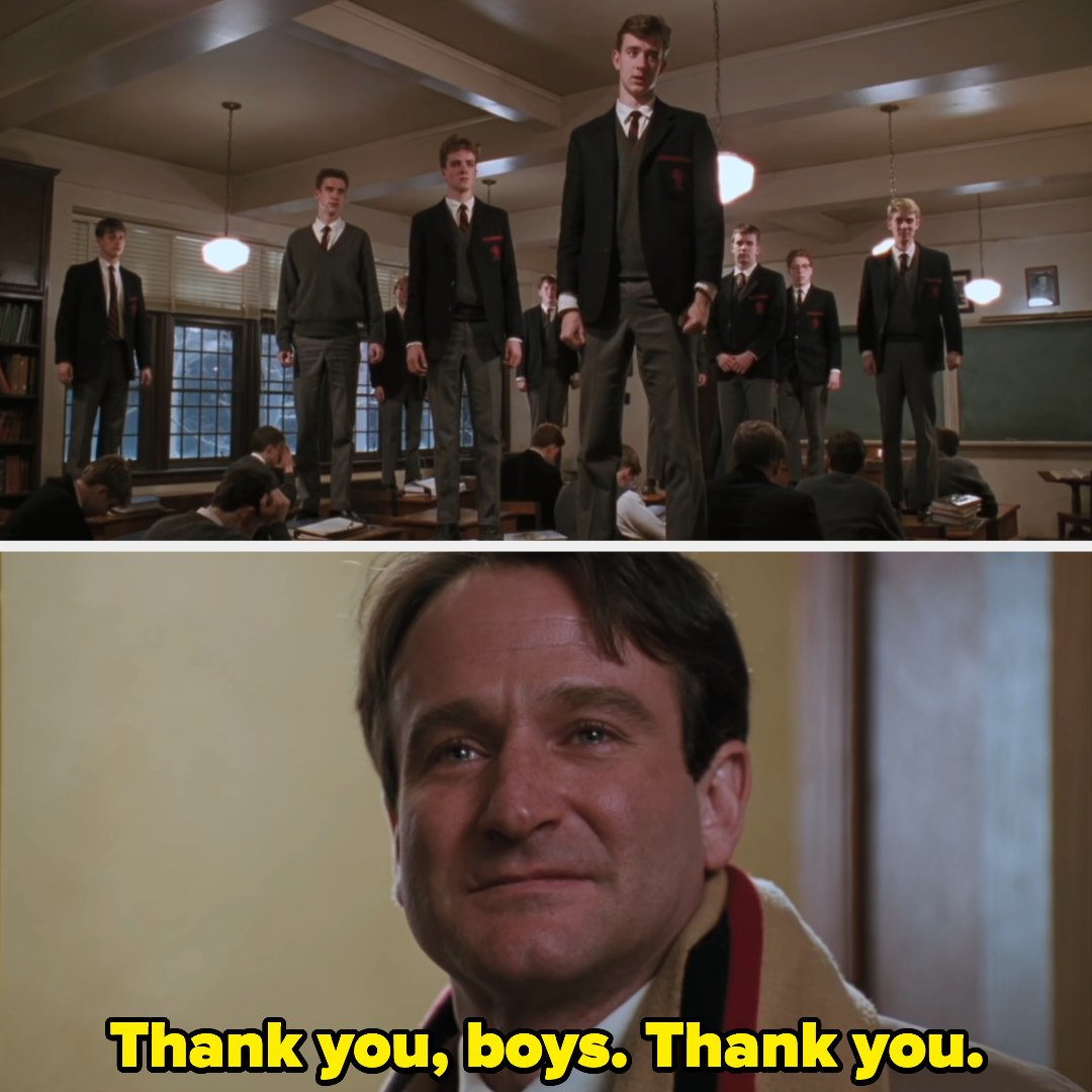 students standing on their desks and the teacher saying thank you boys, thank you