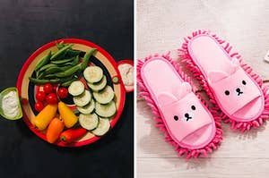 on left, circular plate with veggies and ranch dip cups clipped on the sides. on right, pink mop slippers with cute bear design on the front