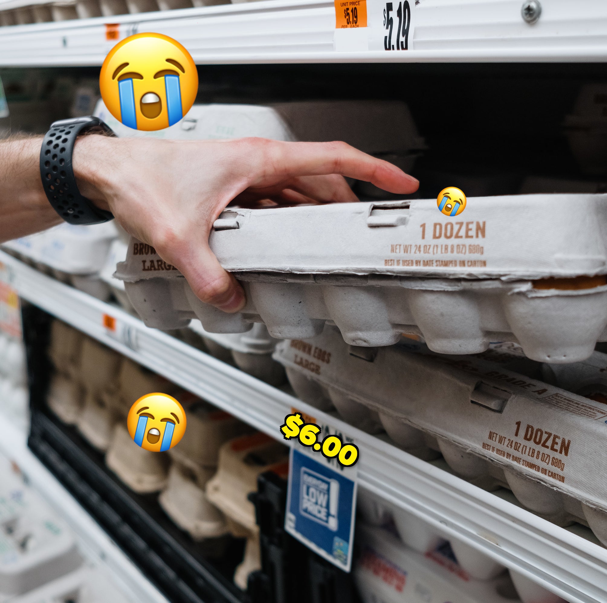 eggs that cost $6.00 a dozen getting pulled off the shelf with crying emojis everywhere