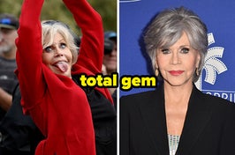 "total gem" over jane fonda getting arrested and laughing, then jane posing on the red carpet