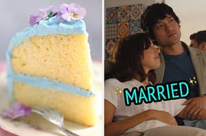 On the left, a slice of vanilla layer cake with edible flowers on top, and on the right, Harper and Ethan from The White Lotus labeled married