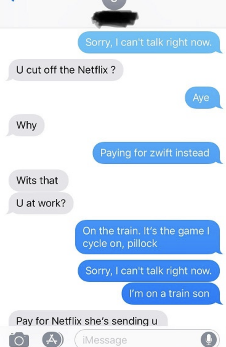 siblings 1 asking if the netflix got shut off and then asks for the netflix to be paid for