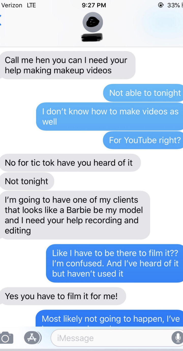 sibling one asking sibling two for help filming a video for tiktok for a makeup client