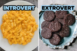 On the left, some mac and cheese labeled introvert, and on the right, some chocolate cookies labeled extrovert