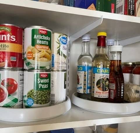 Reviewer image of cans and condiments on lazy Susans