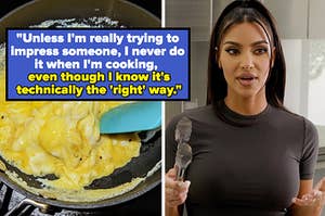 Eggs in a pan; Kim Kardashian holding tongs