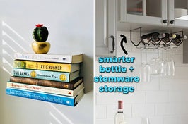 reviewer's floating bookshelf with various books / bottle and stemware rack mounted under shelf