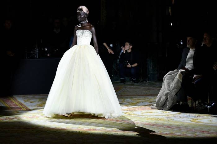 strapless gown resembling a wedding dress